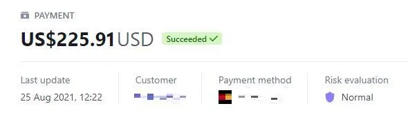 Payment record with the customer details redacted