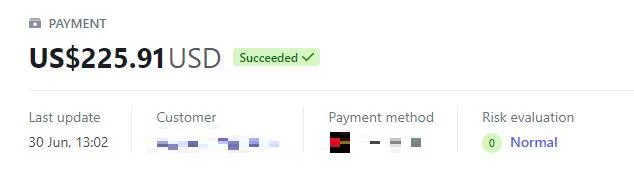 Payment record with the customer details redacted
