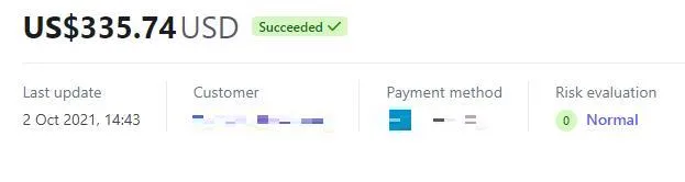 Payment record with the customer details redacted