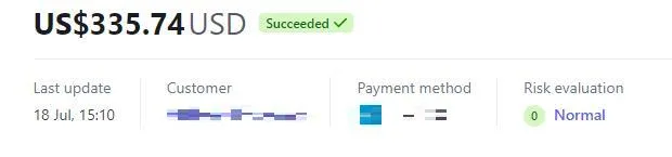 Payment record with the customer details redacted