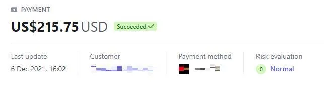 Payment record with the customer details redacted