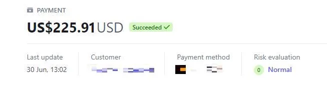 Payment record with the customer details redacted
