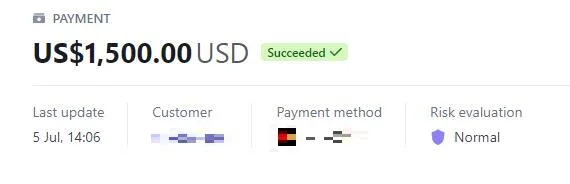 Payment record with the customer details redacted