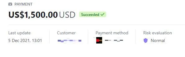 Payment record with the customer details redacted