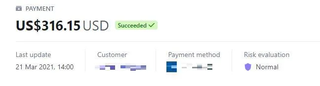 Payment record with the customer details redacted