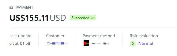Payment record with the customer details redacted