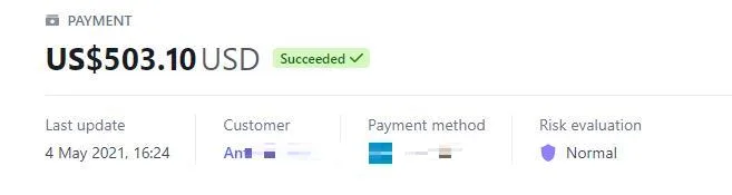 Payment record with the customer details redacted