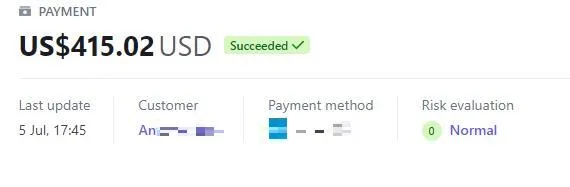 Payment record with the customer details redacted