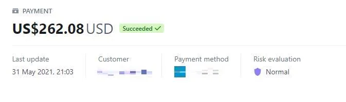 Payment record with the customer details redacted