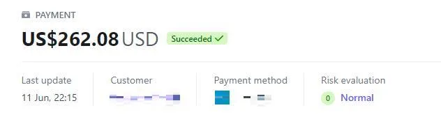 Payment record with the customer details redacted