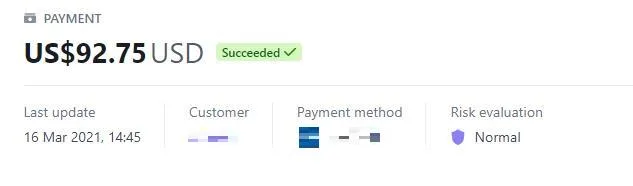 Payment record with the customer details redacted