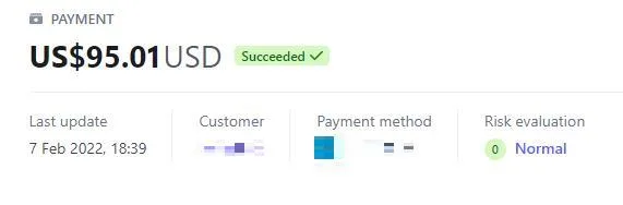 Payment record with the customer details redacted