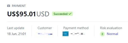 Payment record with the customer details redacted