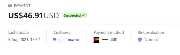 Payment record with the customer details redacted