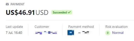Payment record with the customer details redacted