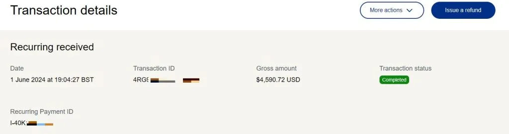 Payment record with the customer details redacted