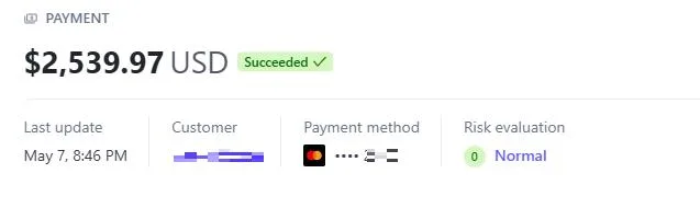 Payment record with the customer details redacted
