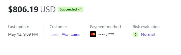 Payment record with the customer details redacted
